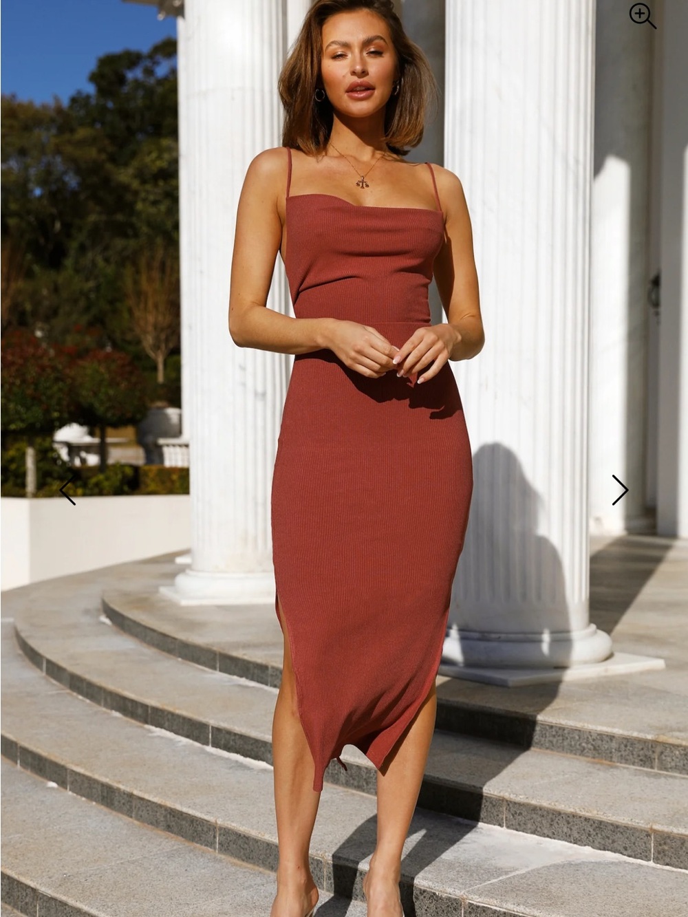 Sleek Rust Slip Midi Dress with Spaghetti Straps